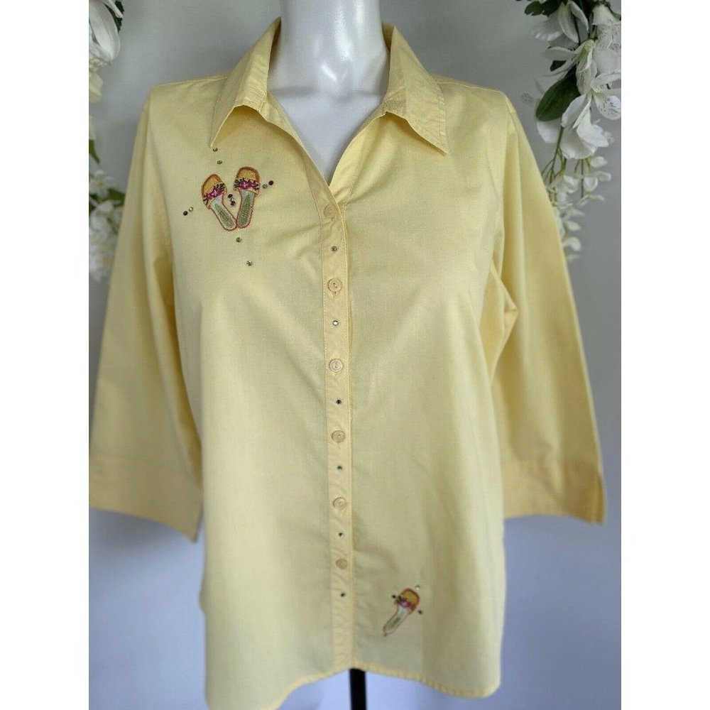 Vtg Blouse 70's Yellow  Rhinestone Flip Flop‎ Top